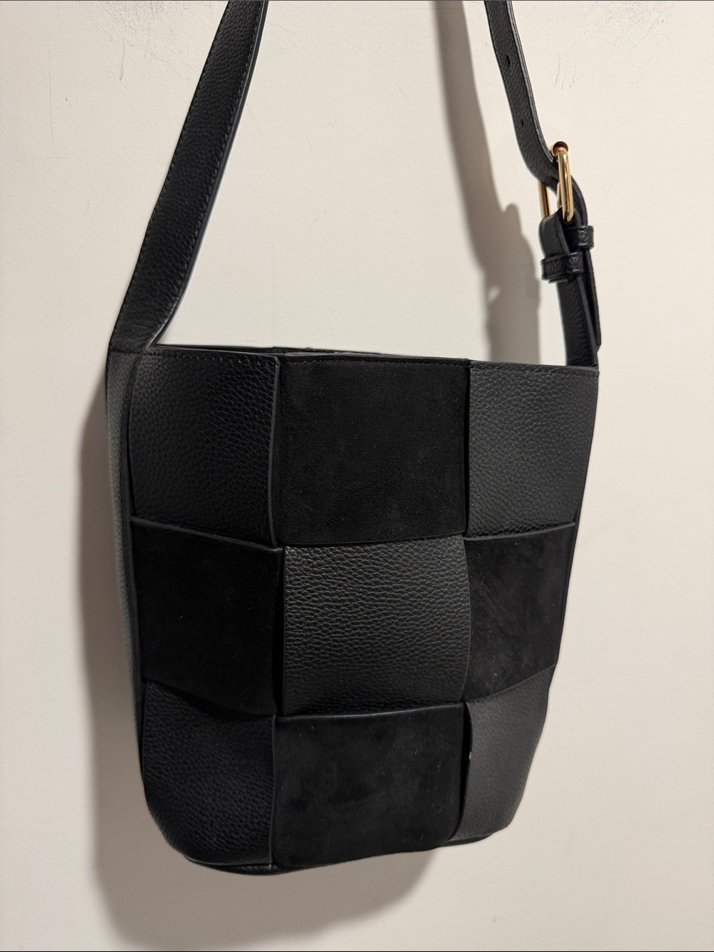 Shiraleah Black Patchwork Bucket Shoulder Bag with Adjustable Strap